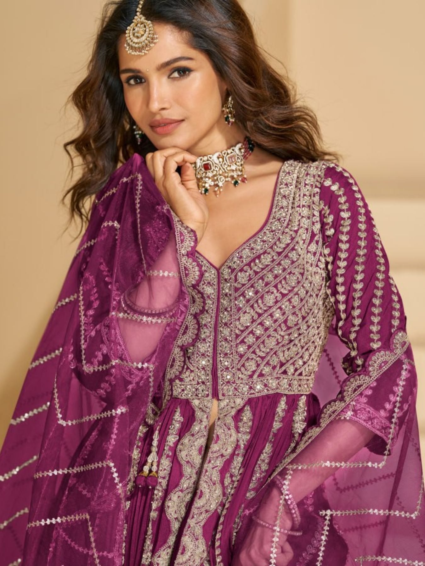 Purple Anarkali Eid Special Lehenga Suit in Heavy Real Chinon with Sequence Embroi fabric texture detail
