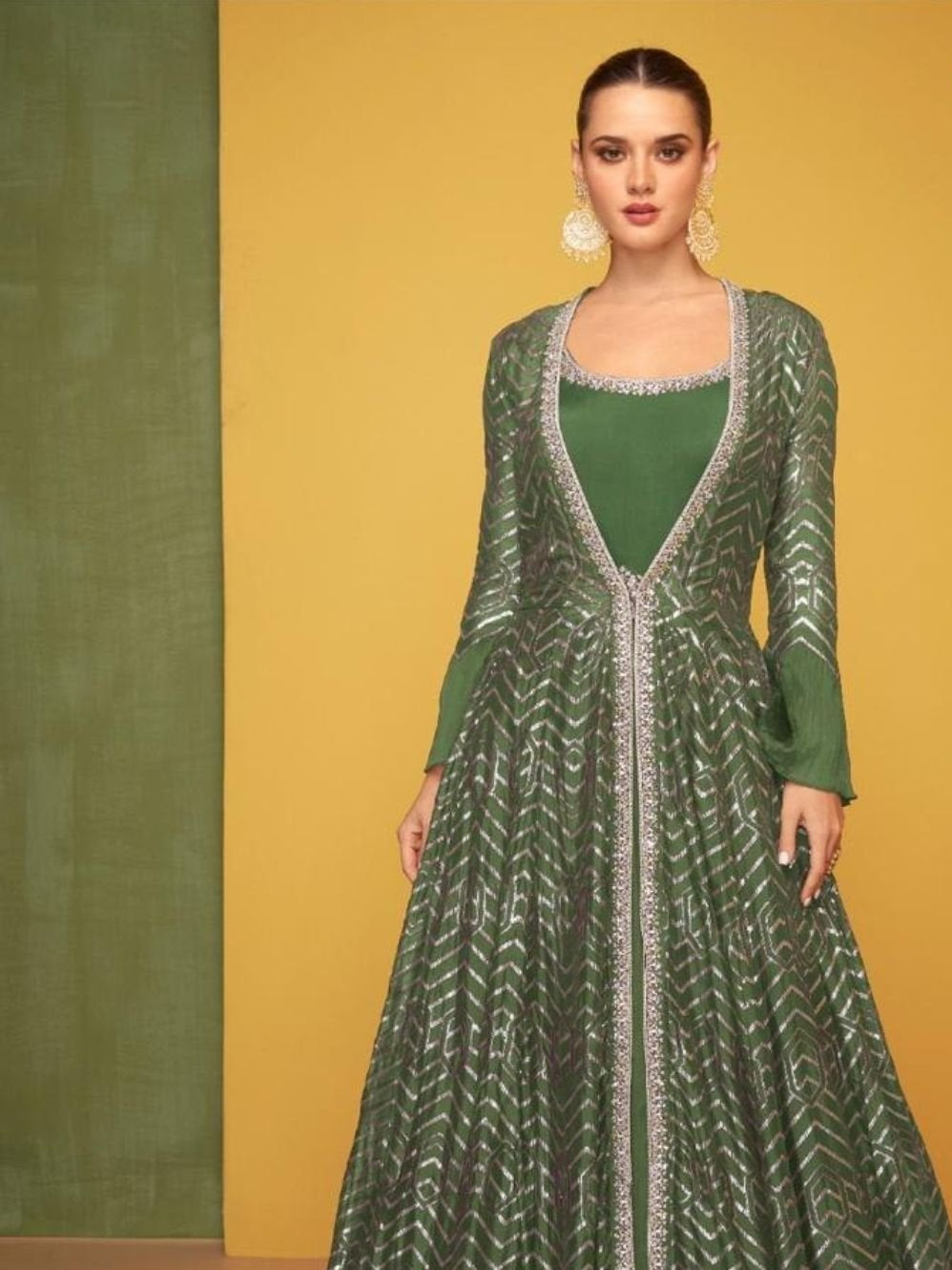Zenvique Silk Embroidered Lehenga Set with Net Dupatta for Wedding Wear full drape view