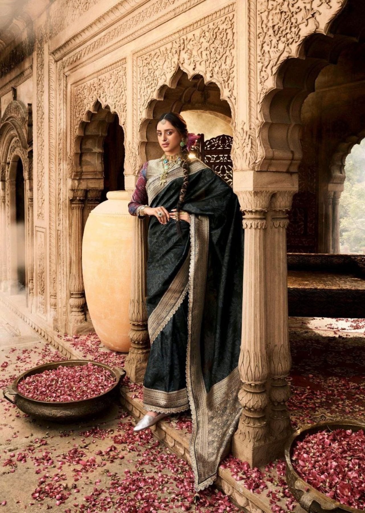 Black Silk Saree - drape and pallu detail