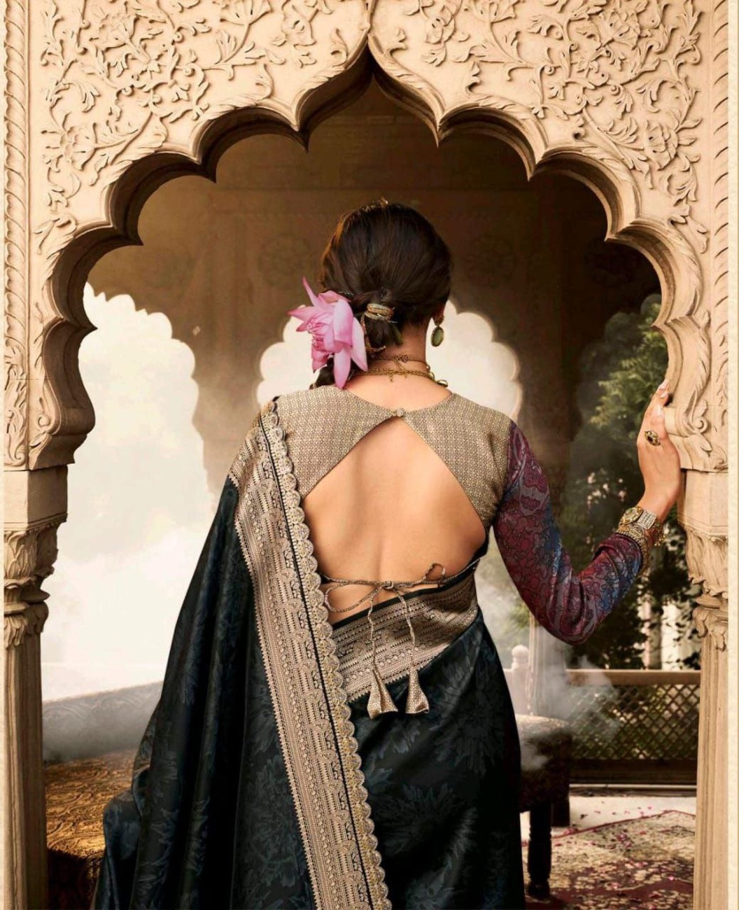 Black Silk Saree - side drape view