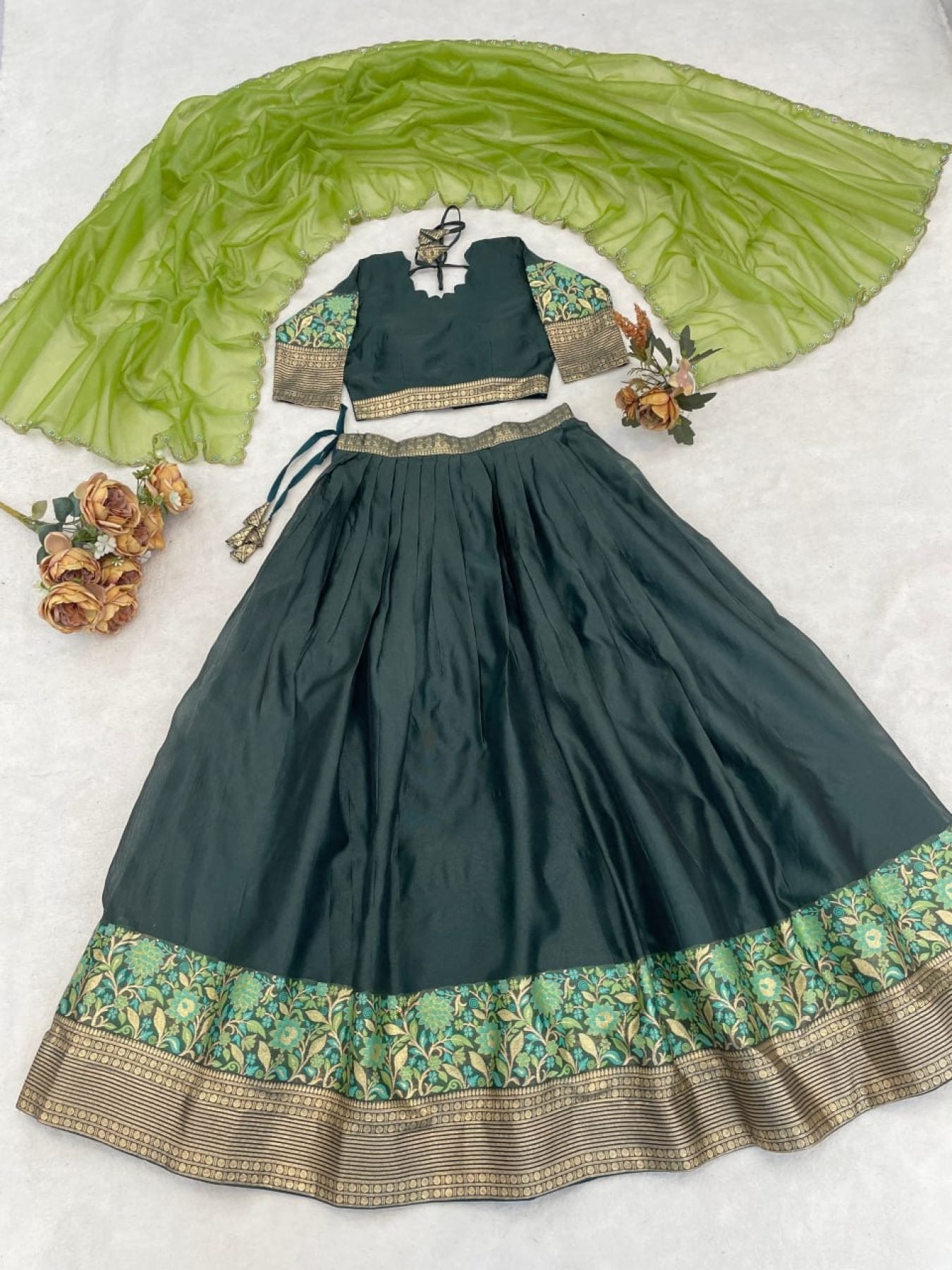 Silk Lehenga with Weaving Border and Zari Work for Bridal Functions embroidery close-up