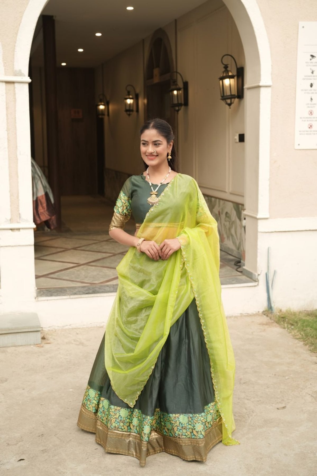 Parrot Green Silk Lehenga with Weaving Border and Zari Work for Bridal Functions blouse and dupatta detail