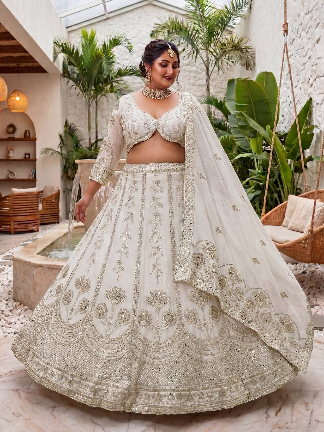 Chinon Silk Plus Size Lehenga Choli with Zari Sequins Embroidery full drape view