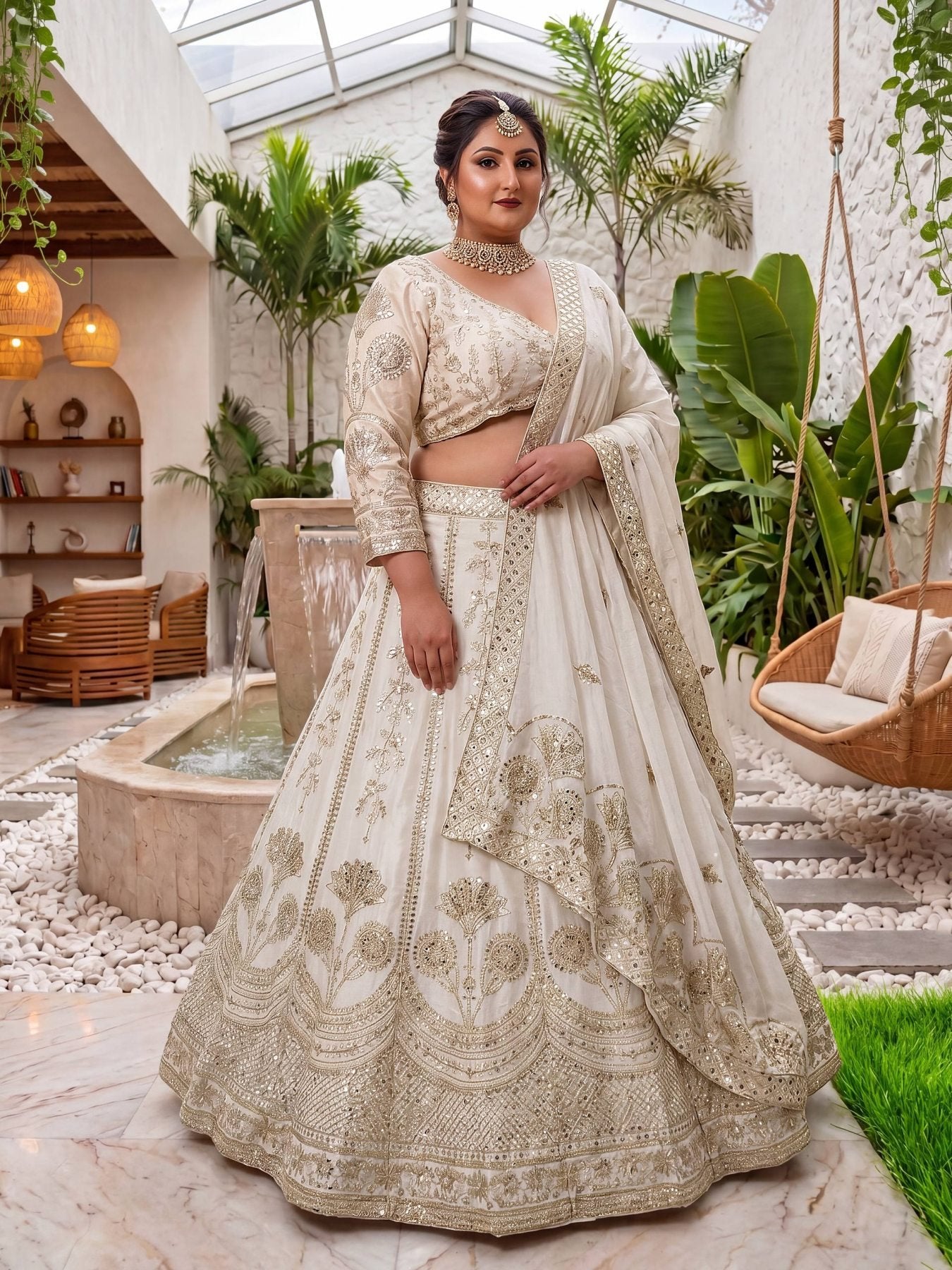 Chinon Silk Plus Size Lehenga Choli with Zari Sequins Embroidery blouse and dupatta detail