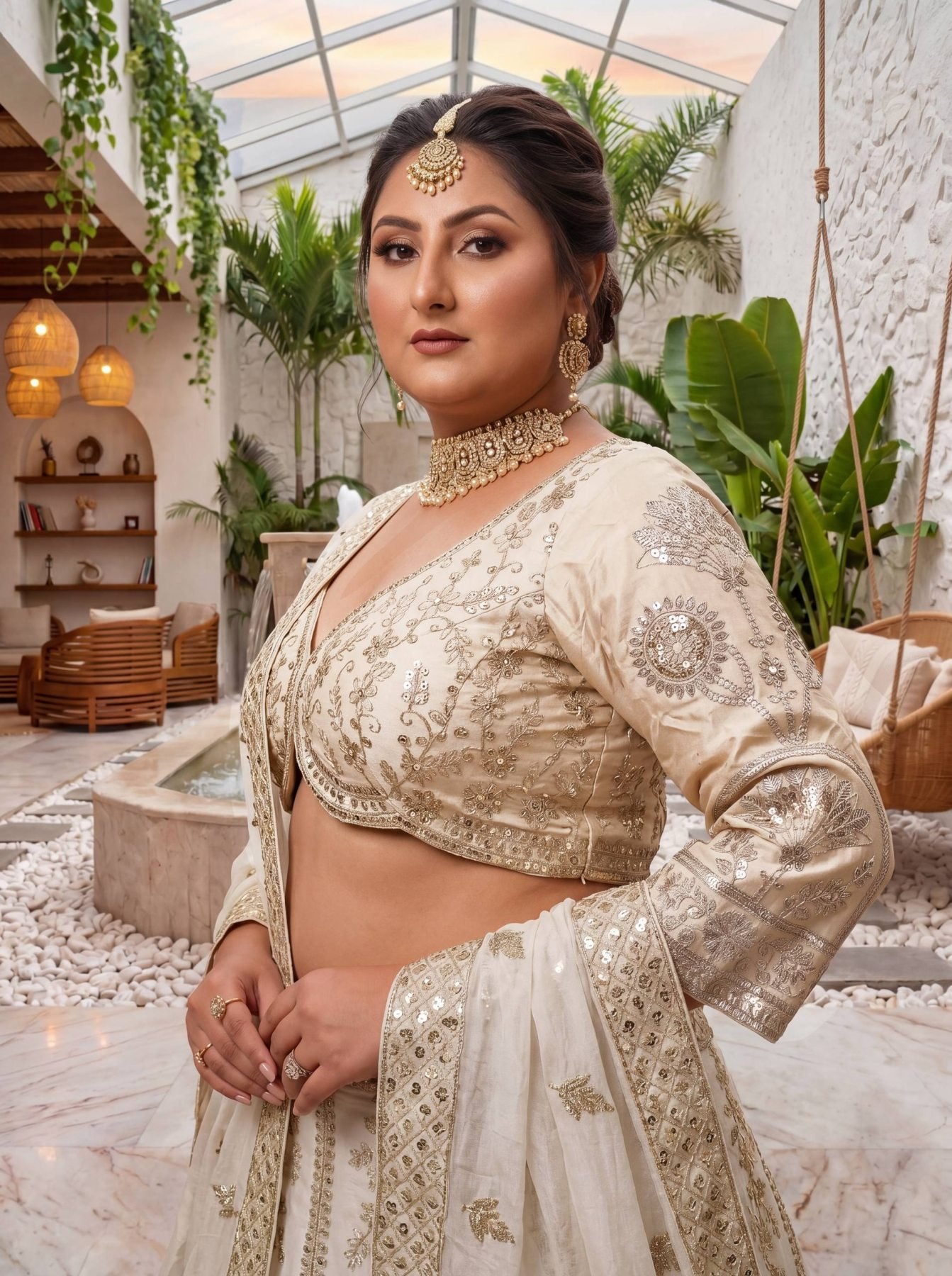 Chinon Silk Plus Size Lehenga Choli with Zari Sequins Embroidery detailed view