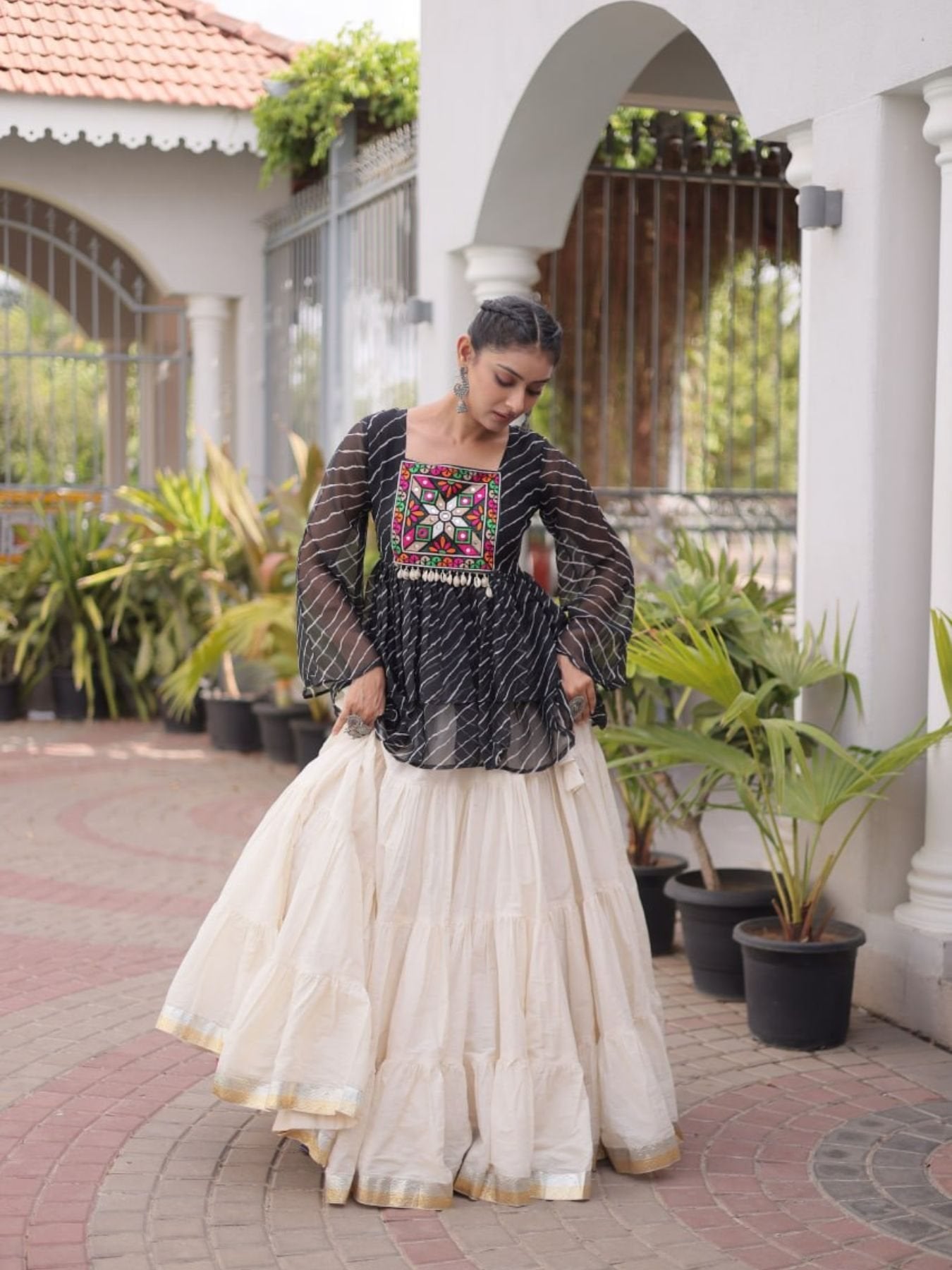Navratri Kora Cotton Lehenga Choli with Kutchi Gamthi Patchwork front view