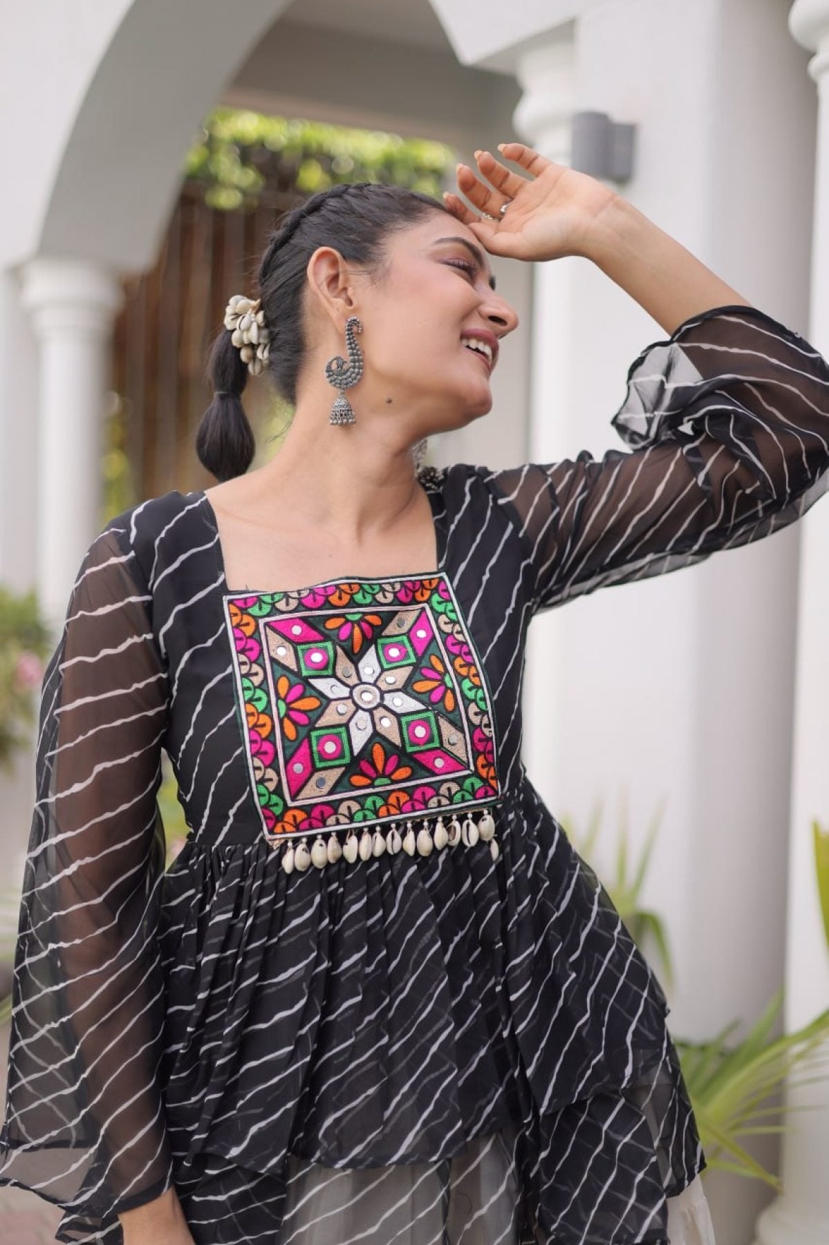 Navratri Kora Cotton Lehenga Choli with Kutchi Gamthi Patchwork blouse and dupatta detail