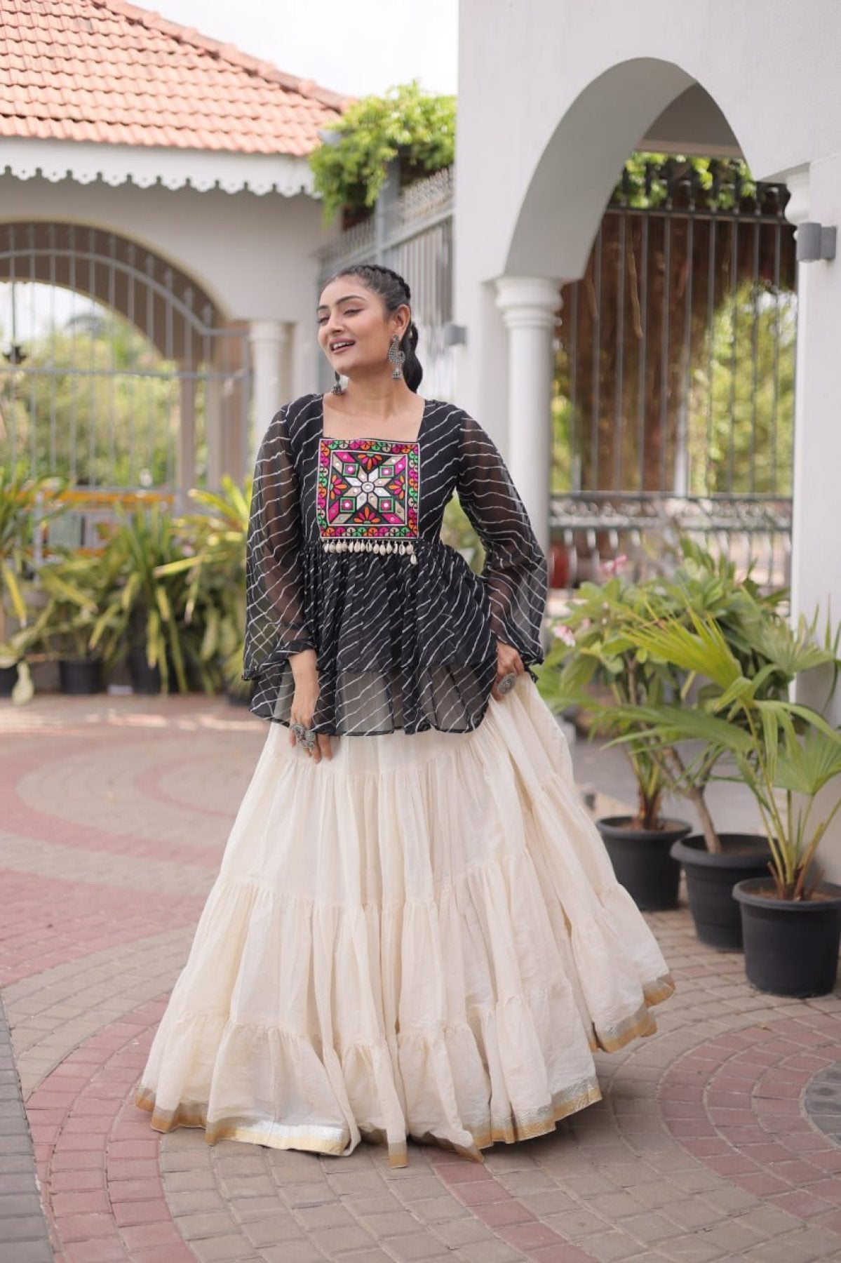 Navratri Kora Cotton Lehenga Choli with Kutchi Gamthi Patchwork back view