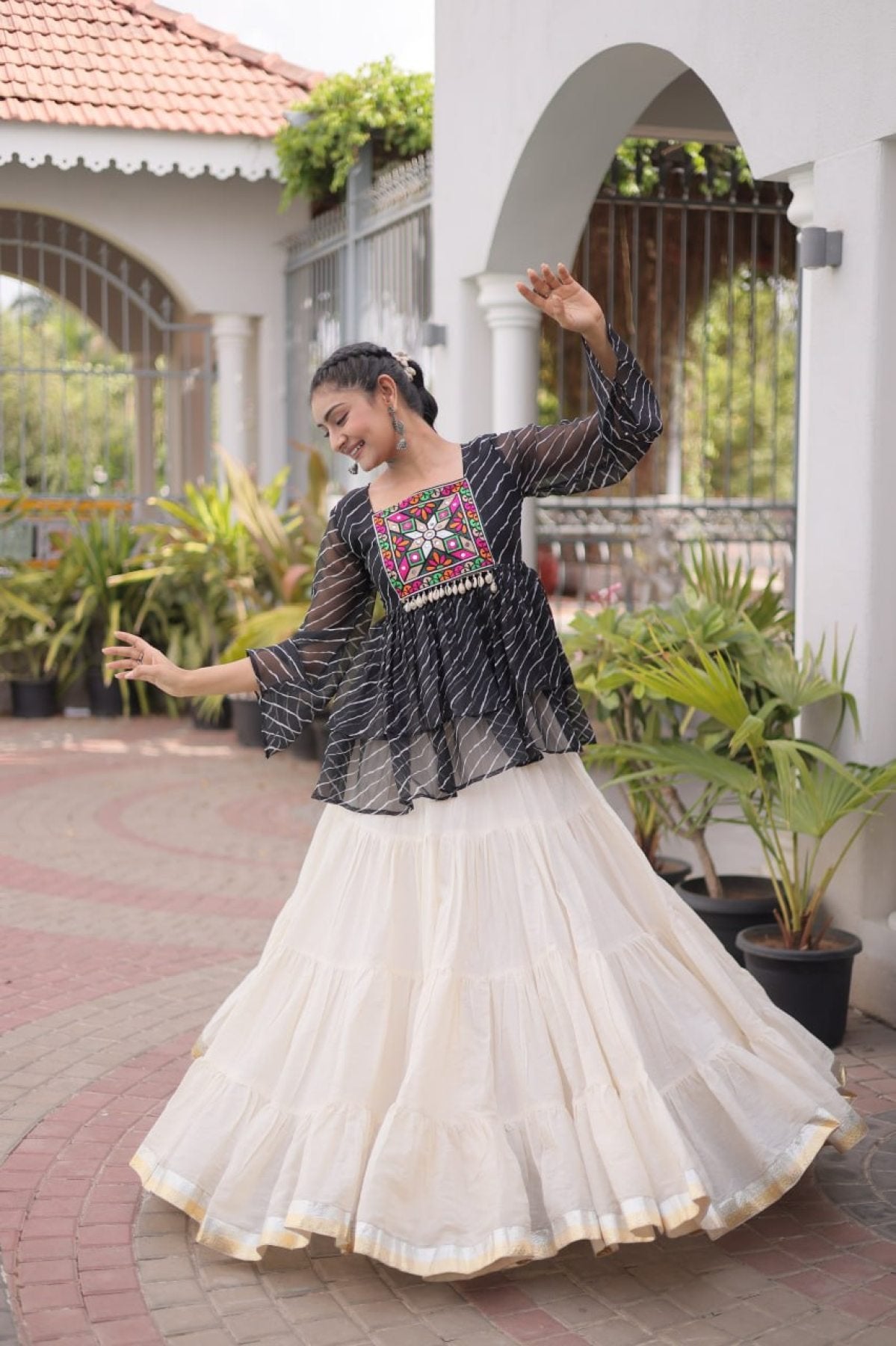 Navratri Kora Cotton Lehenga Choli with Kutchi Gamthi Patchwork styling view