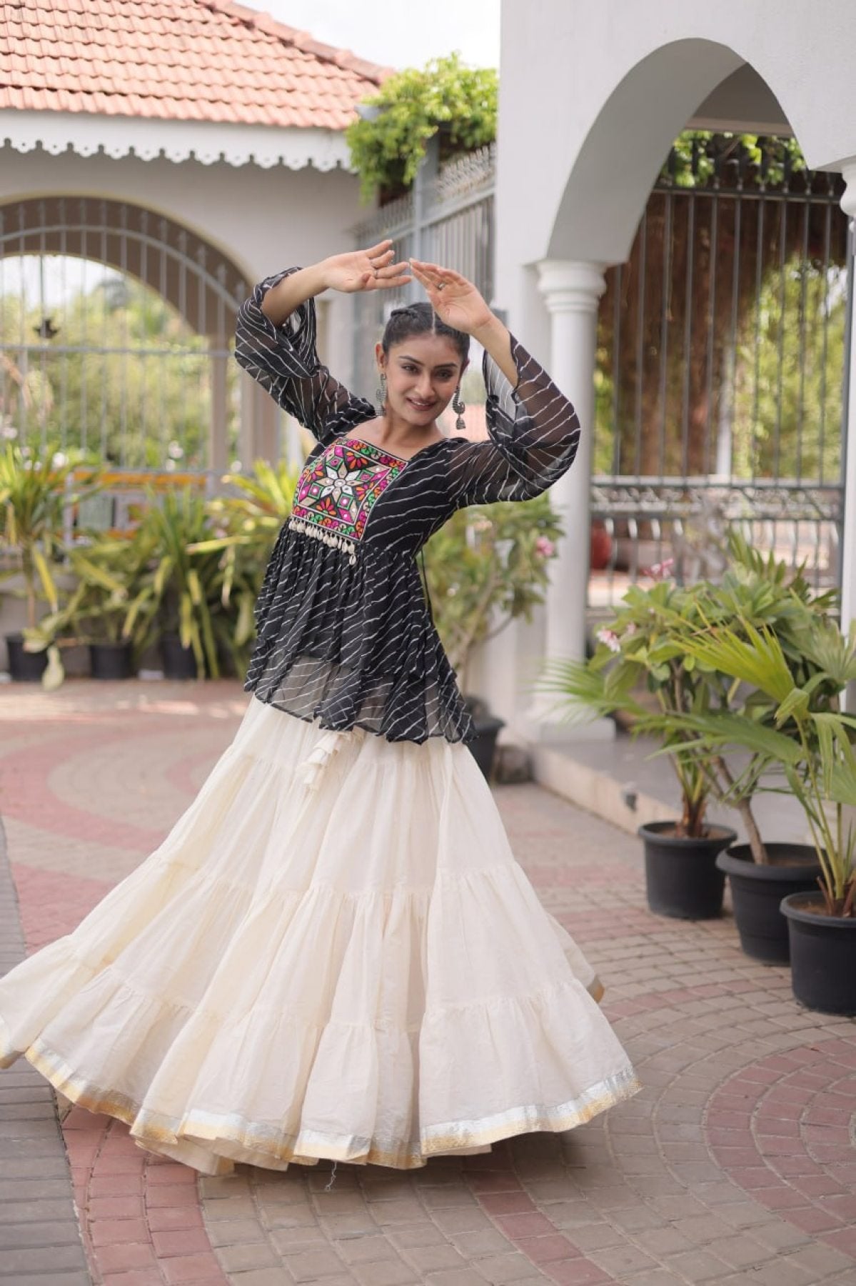 Navratri Kora Cotton Lehenga Choli with Kutchi Gamthi Patchwork front view