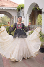 Navratri Kora Cotton Lehenga Choli with Kutchi Gamthi Patchwork full drape view