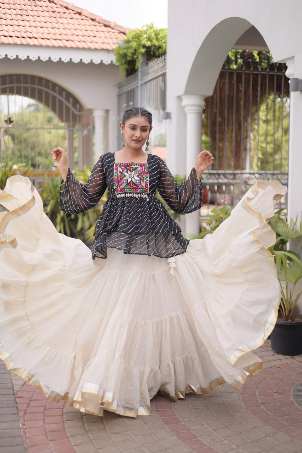 Navratri Kora Cotton Lehenga Choli with Kutchi Gamthi Patchwork full drape view