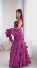 Royal Purple Fish Cut Lehenga Set with Sequins Embroidery & Crepe Dupatta