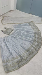 Ice Blue Embroidered Lehenga Choli Set with Net Dupatta