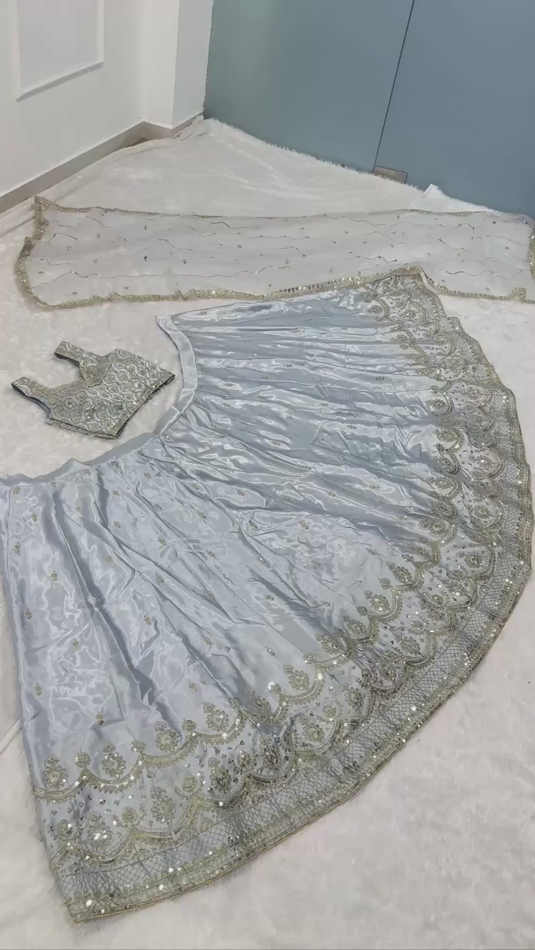 Ice Blue Embroidered Lehenga Choli Set with Net Dupatta