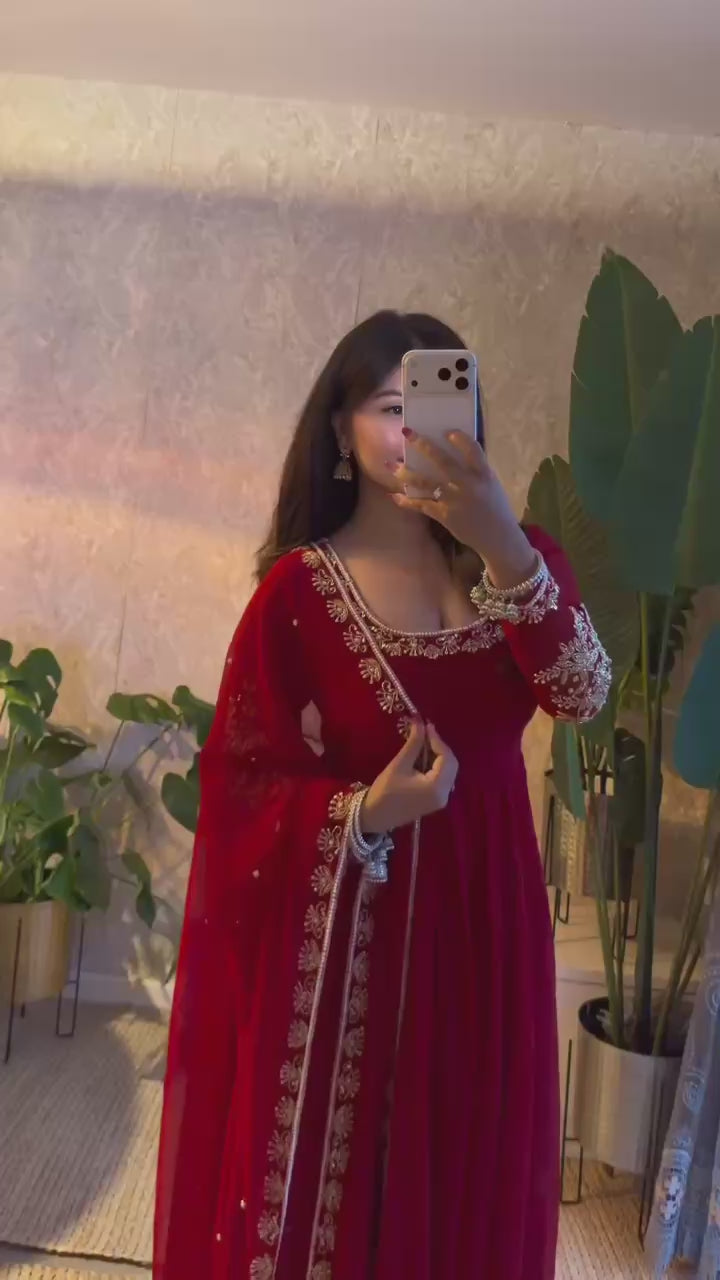 Fox Georgette Embroidered Gown with Palazzo and Dupatta