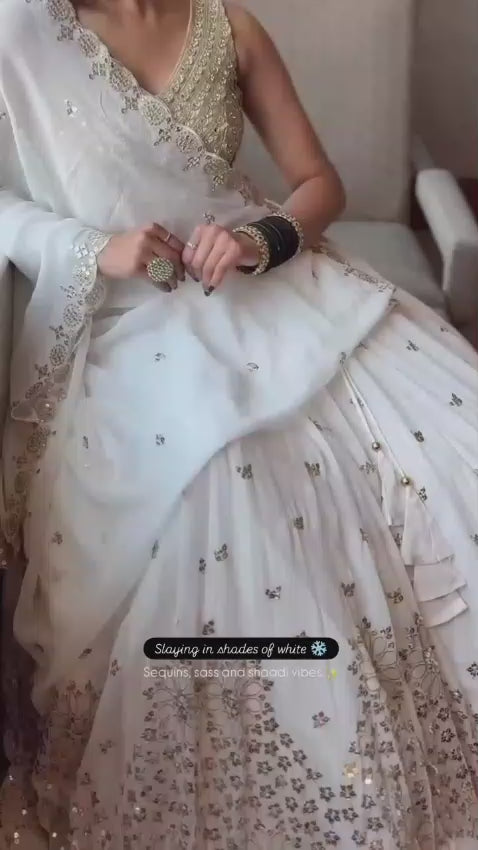 White Faux Georgette Lehenga Choli with Sequence & Thread Work