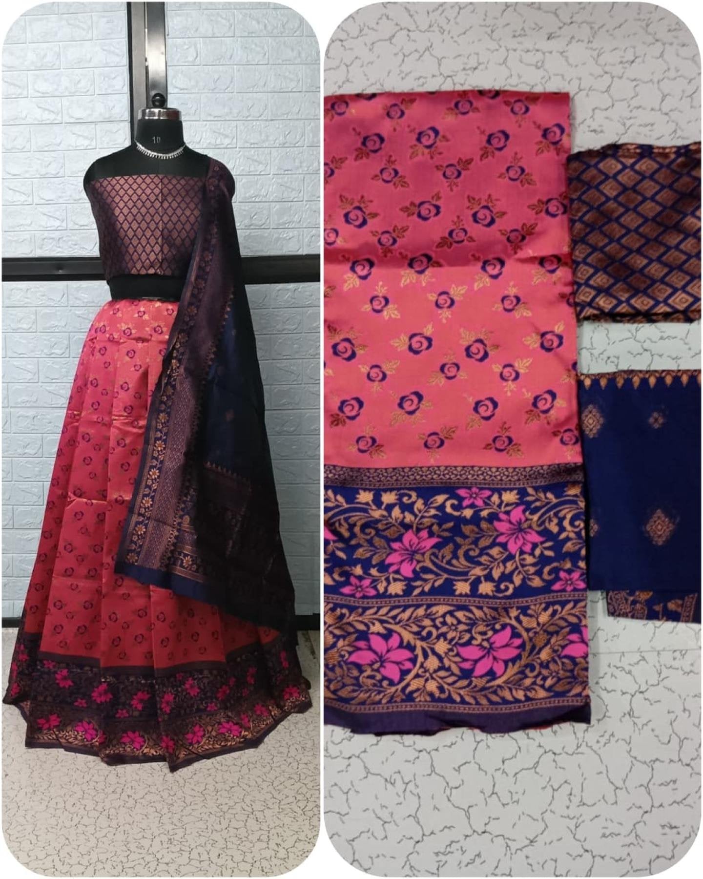 Pure Softy Silk Zari Half Lehenga Saree with Banarasi Dupatta full drape view