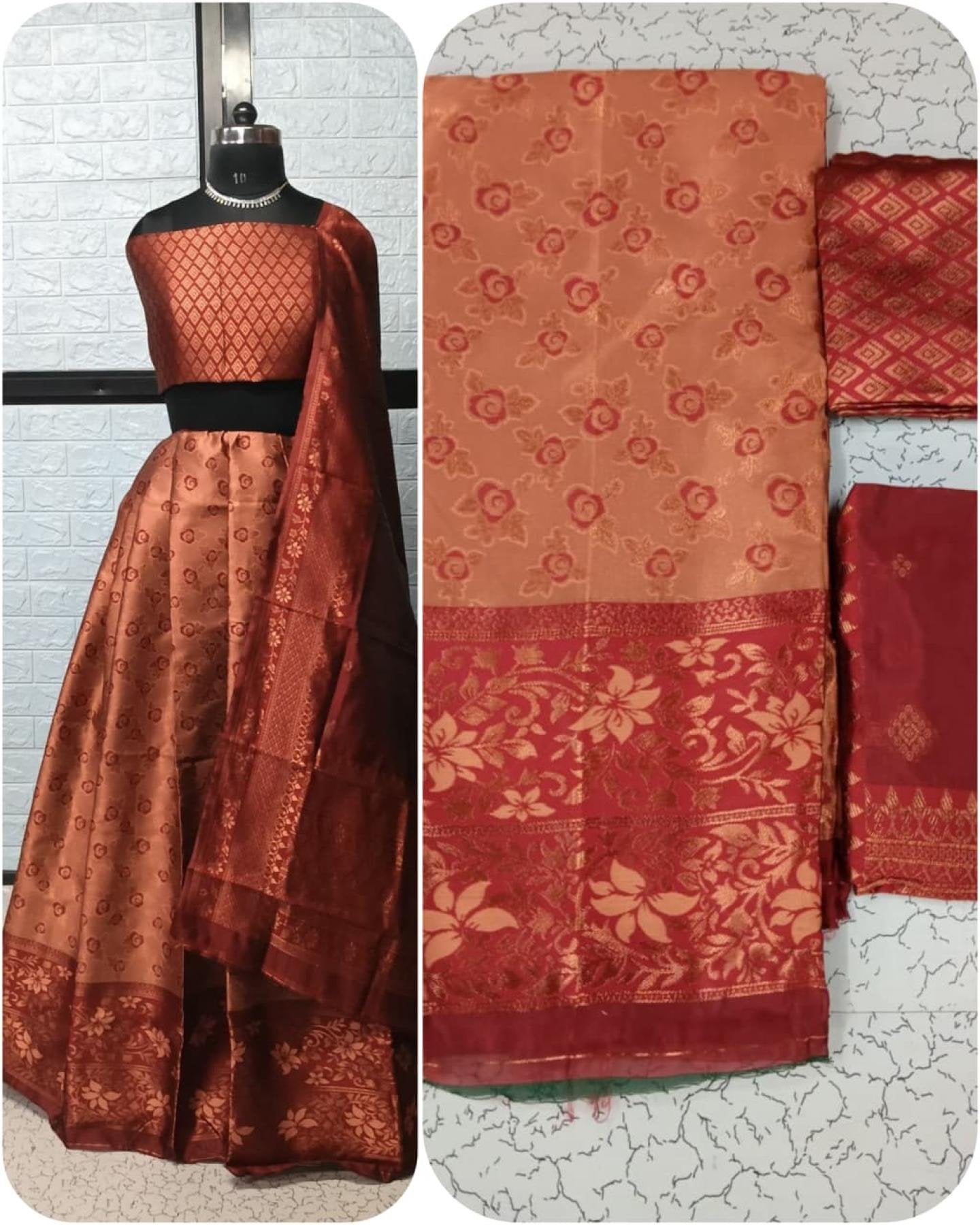 Pure Softy Silk Zari Half Lehenga Saree with Banarasi Dupatta embroidery close-up
