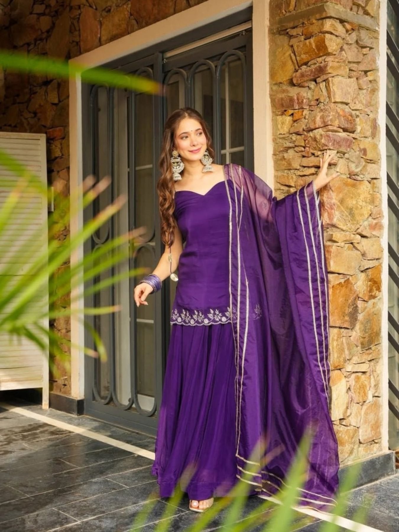 Purple Rangoli Silk Kurti Palazzo Suit with Embroidery and Organza Lace for women | Snyvia