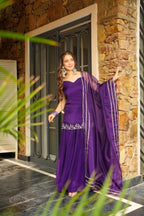 Purple Rangoli Silk Kurti Palazzo Suit with Embroidery and Organza Lace full set view