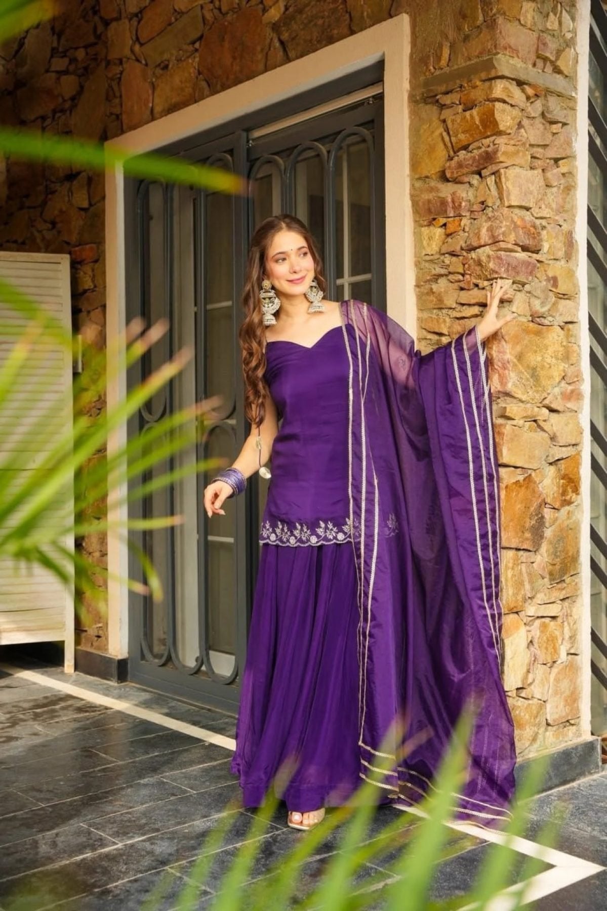 Purple Rangoli Silk Kurti Palazzo Suit with Embroidery and Organza Lace full set view