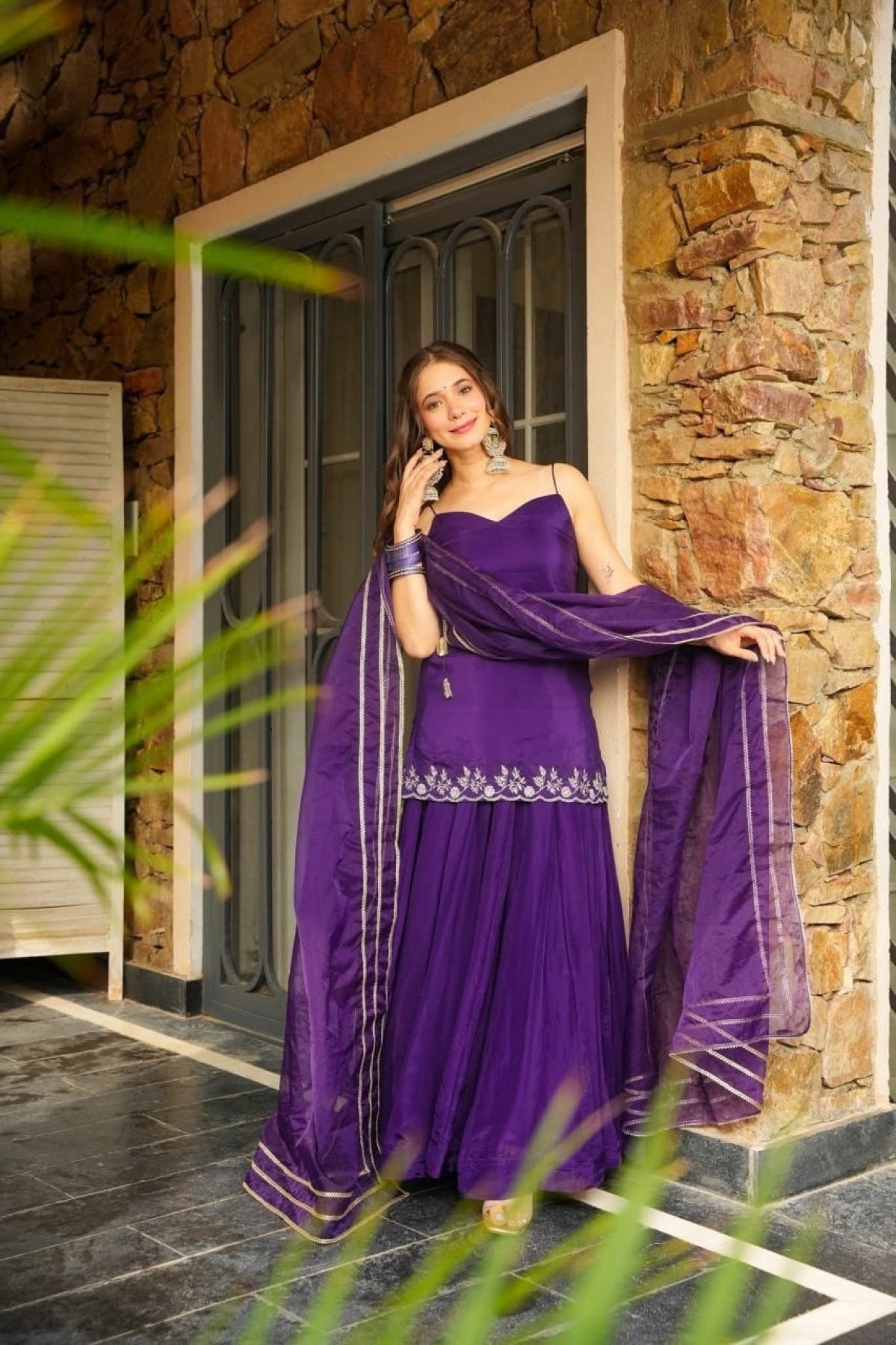 Purple Rangoli Silk Kurti Palazzo Suit with Embroidery and Organza Lace dupatta detail