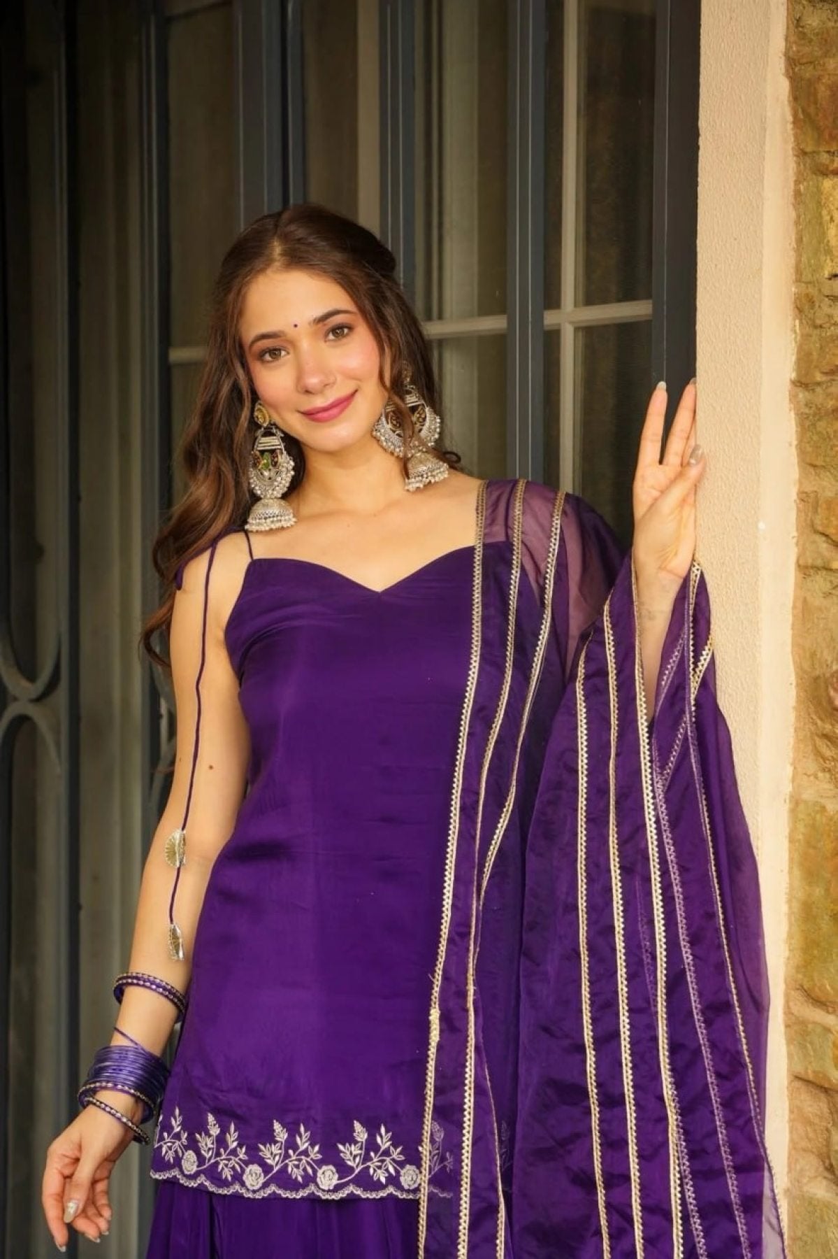 Purple Rangoli Silk Kurti Palazzo Suit with Embroidery and Organza Lace detailed view