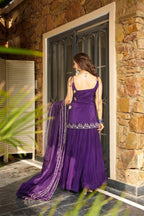 Purple Rangoli Silk Kurti Palazzo Suit with Embroidery and Organza Lace fabric texture detail