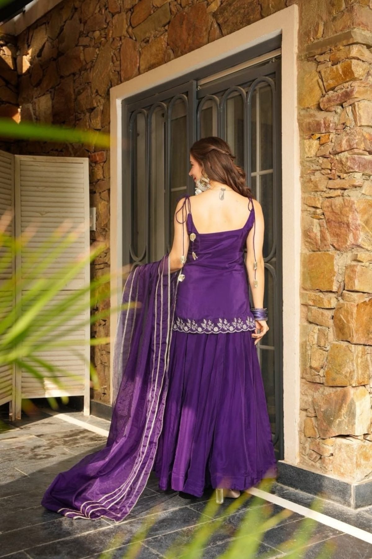 Purple Rangoli Silk Kurti Palazzo Suit with Embroidery and Organza Lace fabric texture detail
