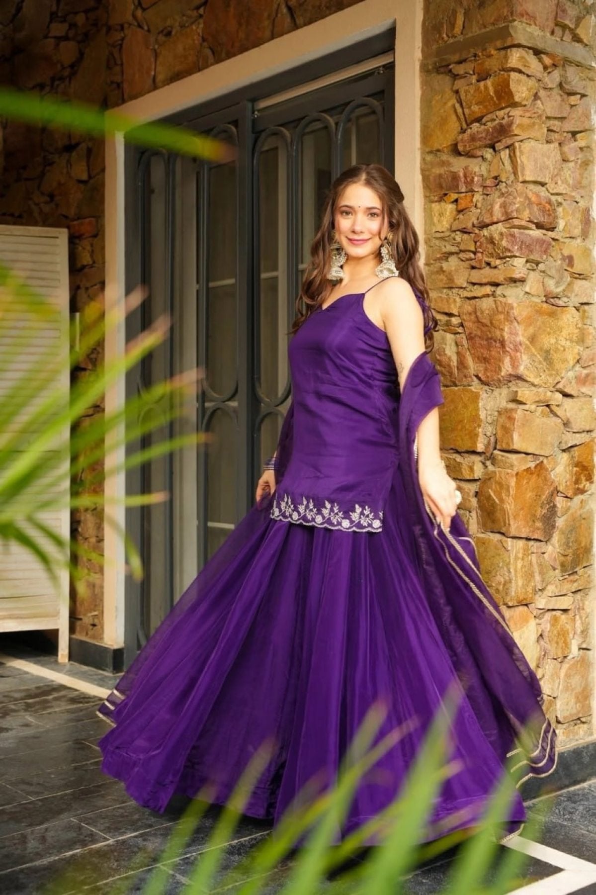 Purple Rangoli Silk Kurti Palazzo Suit with Embroidery and Organza Lace back view