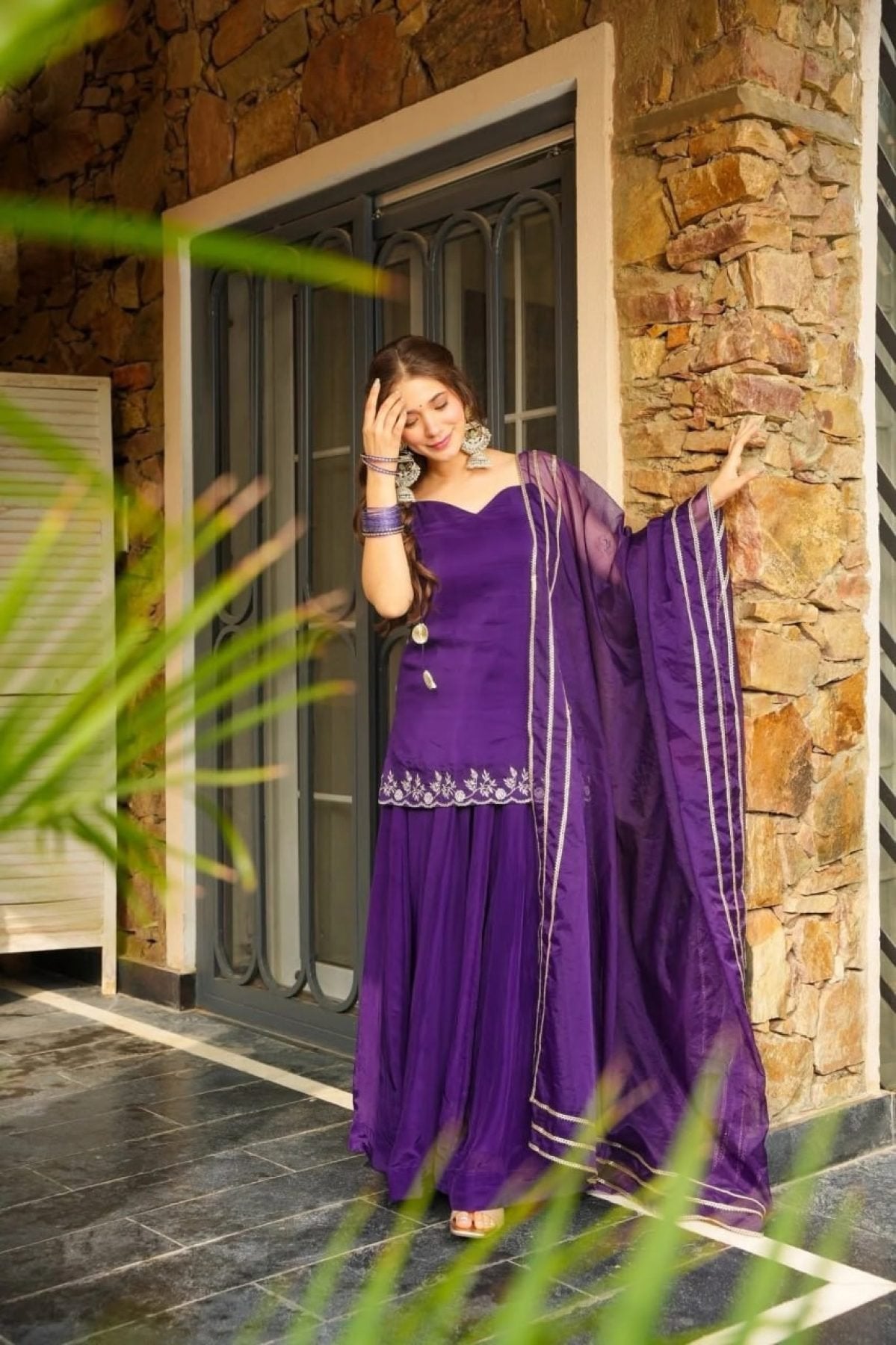 Purple Rangoli Silk Kurti Palazzo Suit with Embroidery and Organza Lace styling view