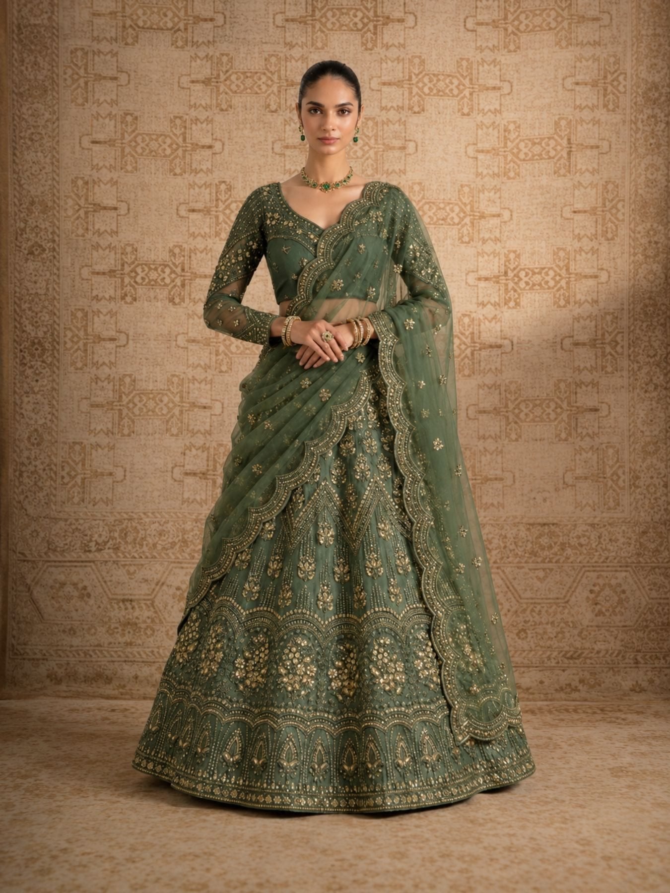 Butterfly Net Lehenga Choli with Banglori Silk Inner for Bridal Wear front view