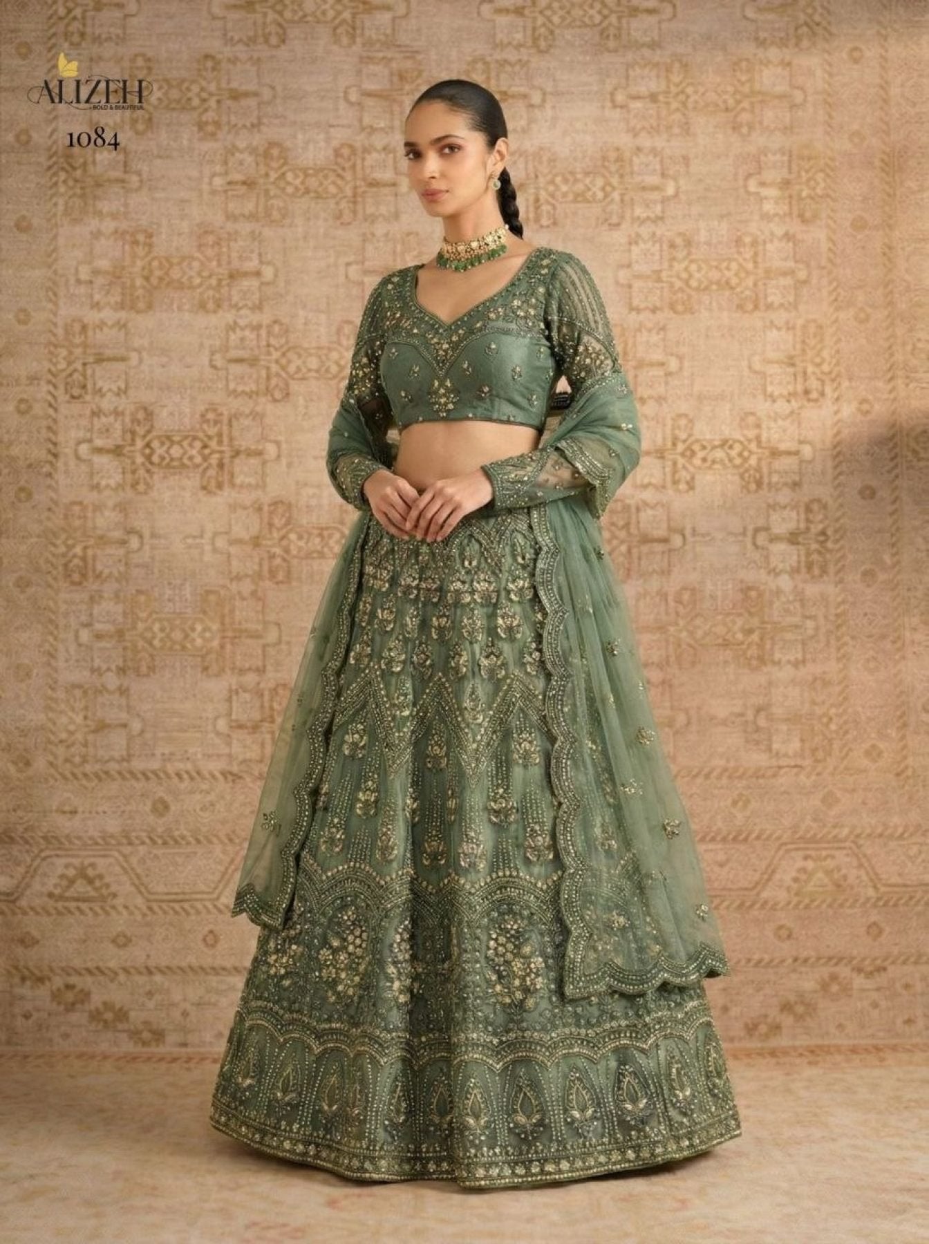 Butterfly Net Lehenga Choli with Banglori Silk Inner for Bridal Wear fabric texture detail