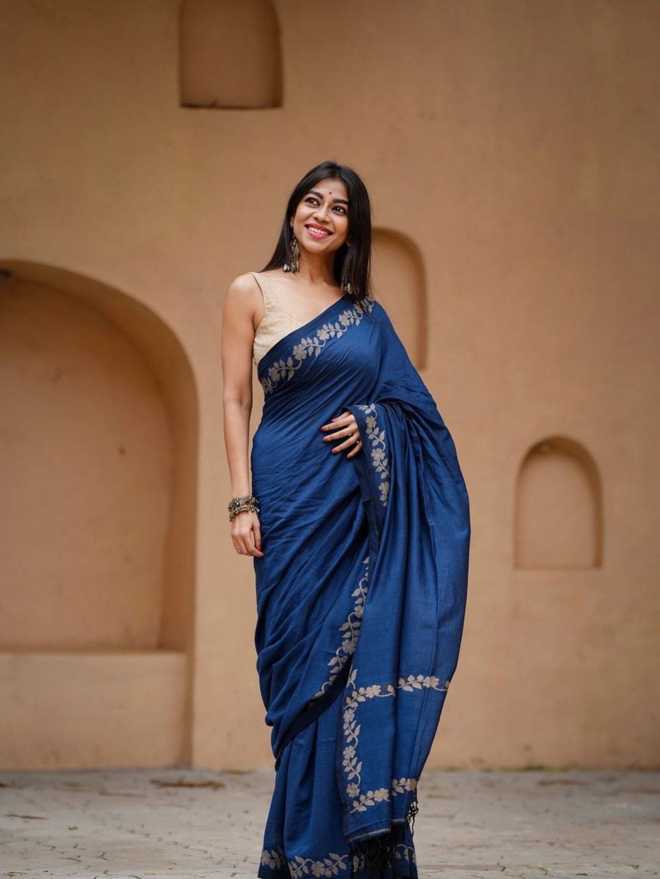 Navy Cotton Saree - side drape view