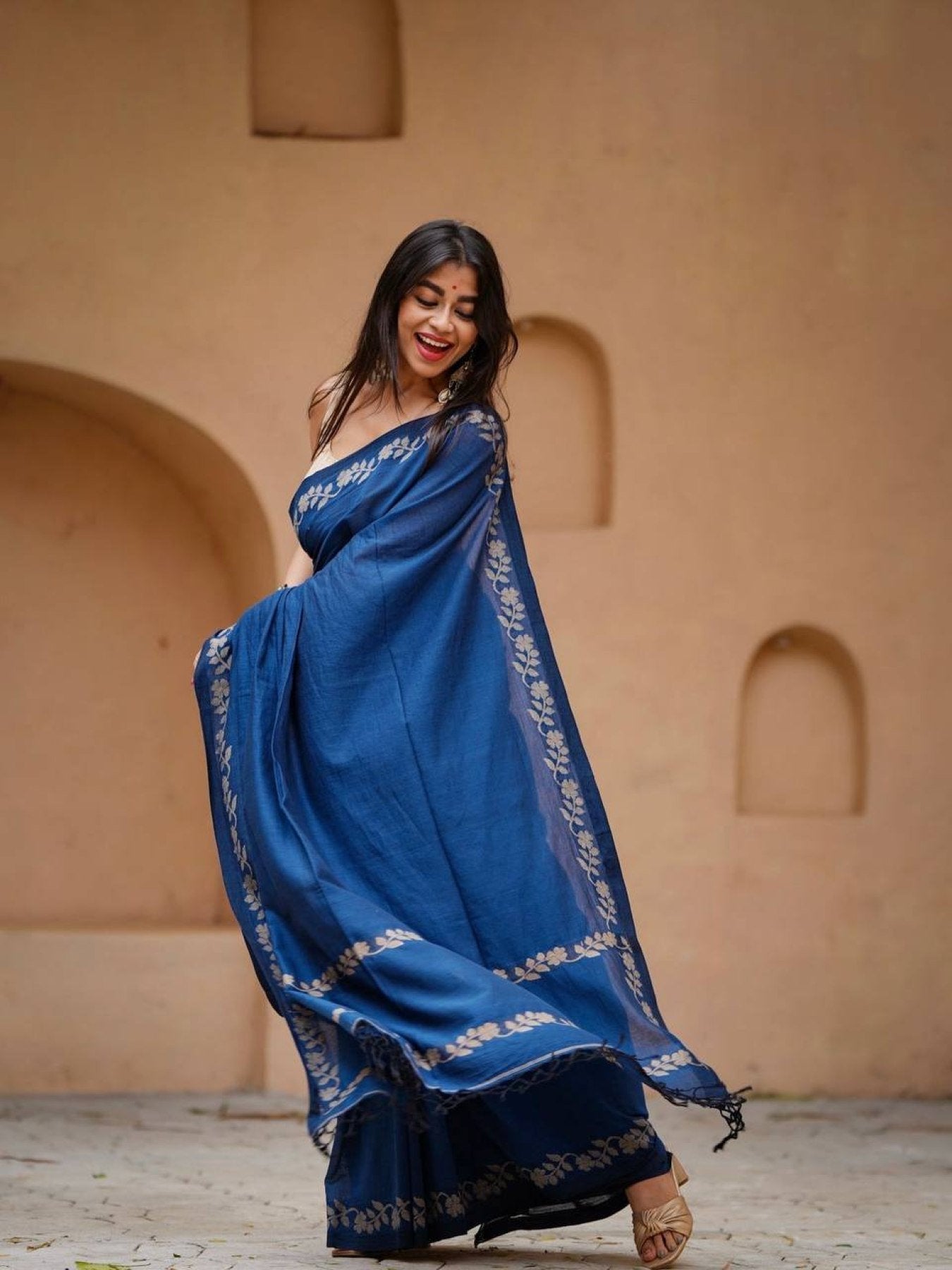 Navy Cotton Saree - fabric texture close-up