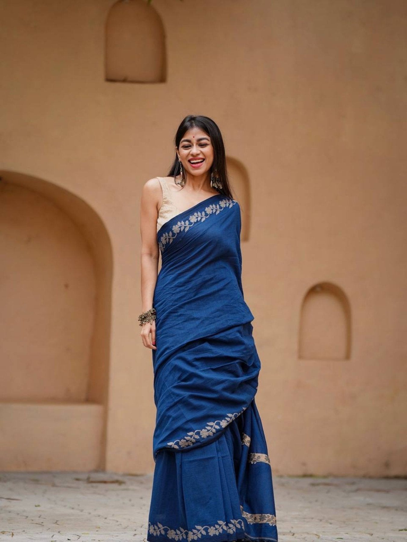 Navy Cotton Saree - embroidery work detail