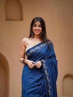 Navy Cotton Saree - pallu design detail