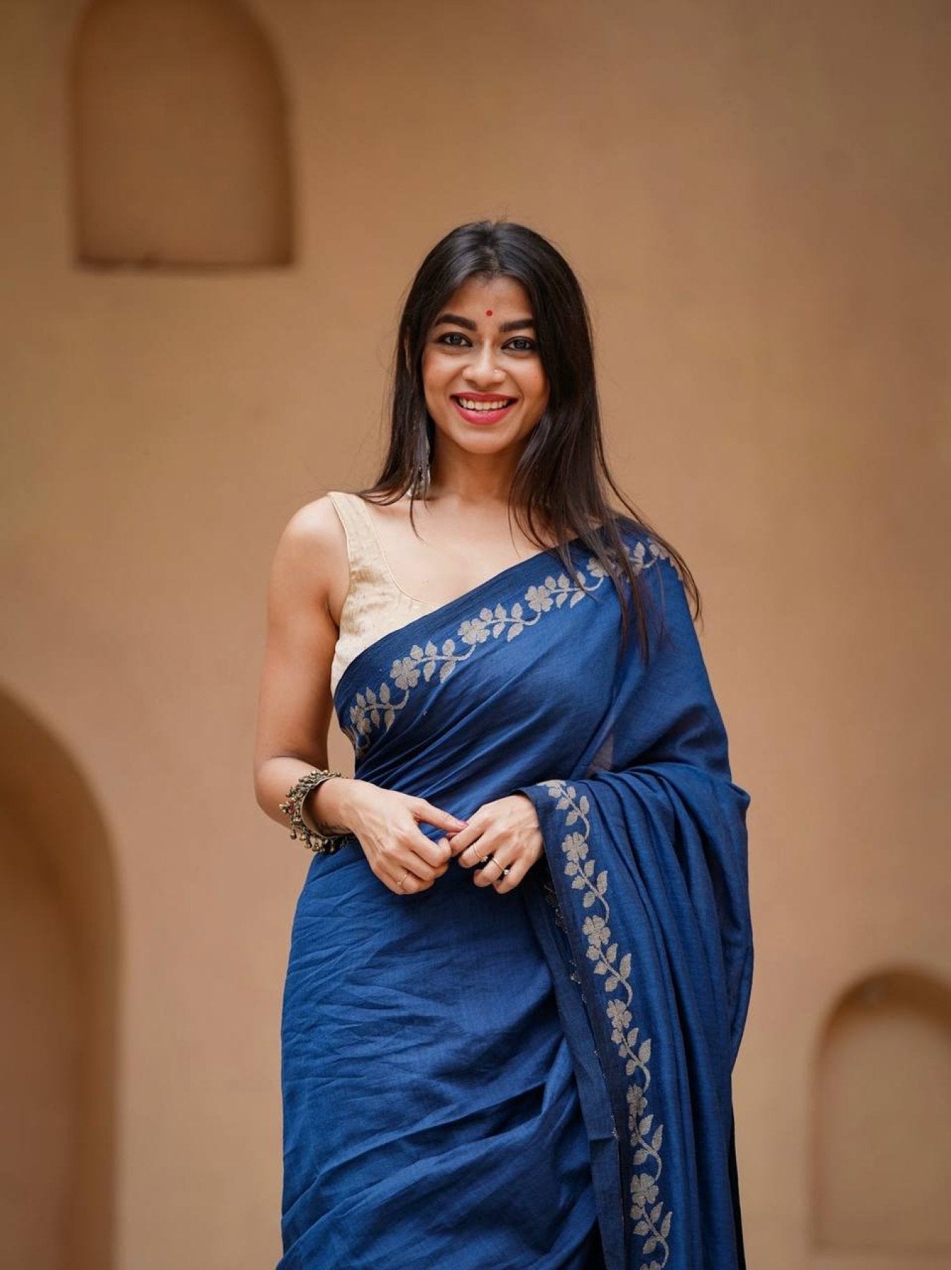 Navy Cotton Saree - pallu design detail