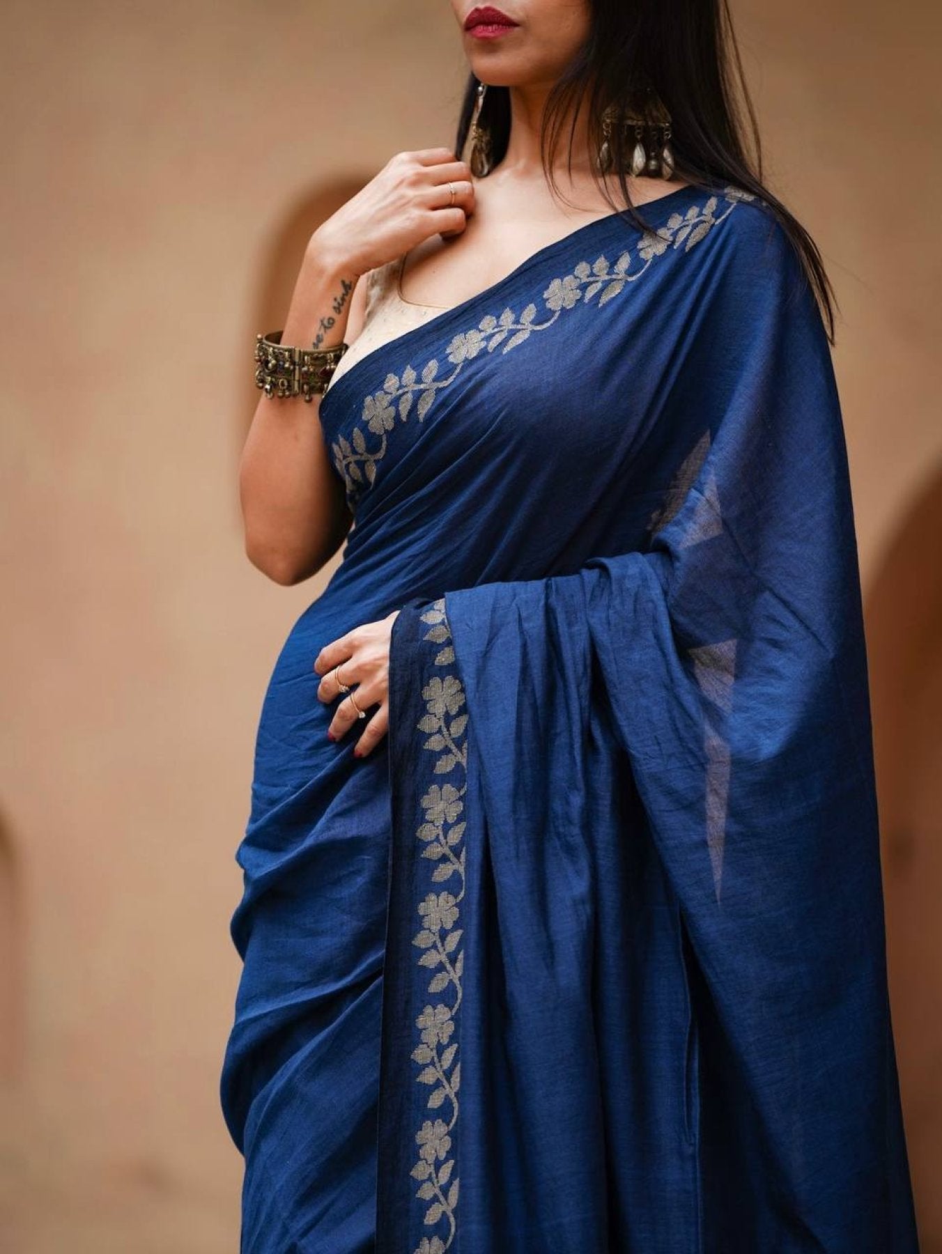 Navy Cotton Saree - back view