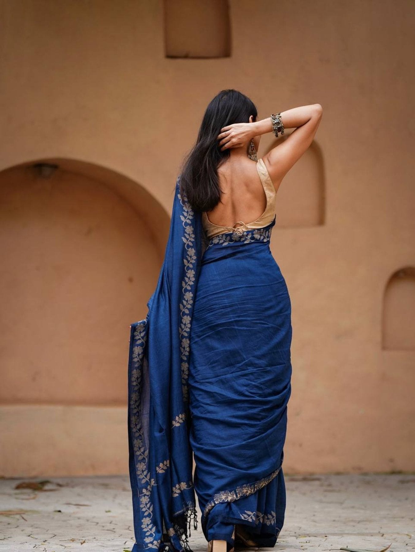 Navy Cotton Saree - full-length drape