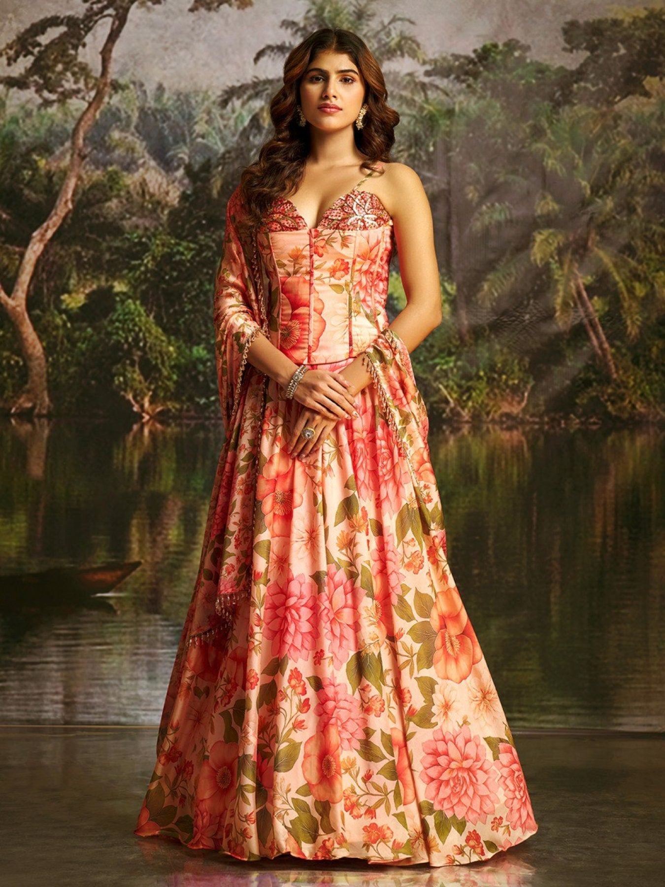 Pink Handwork Corset Lehenga Set full drape view