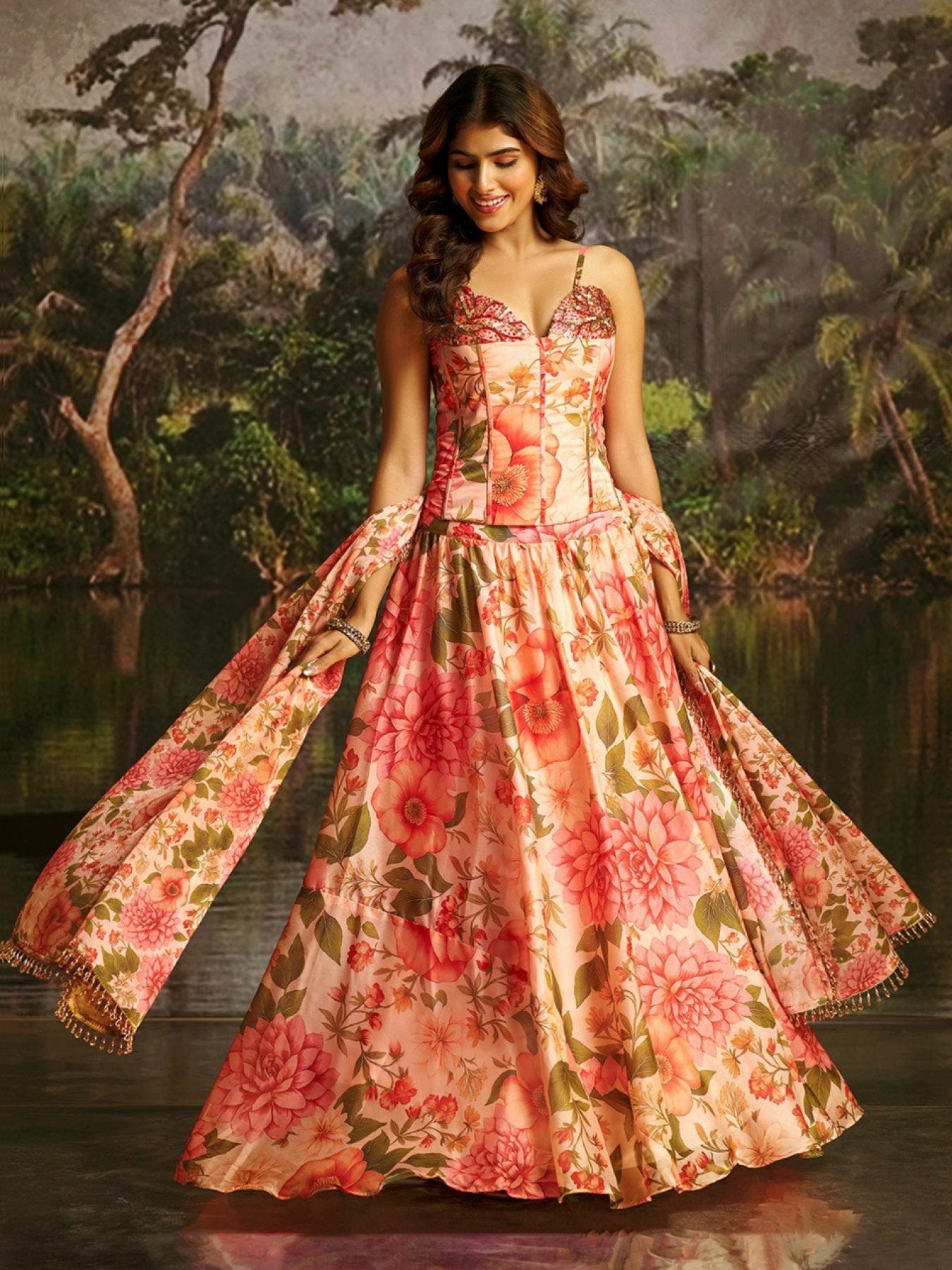 Pink Handwork Corset Lehenga Set embroidery close-up