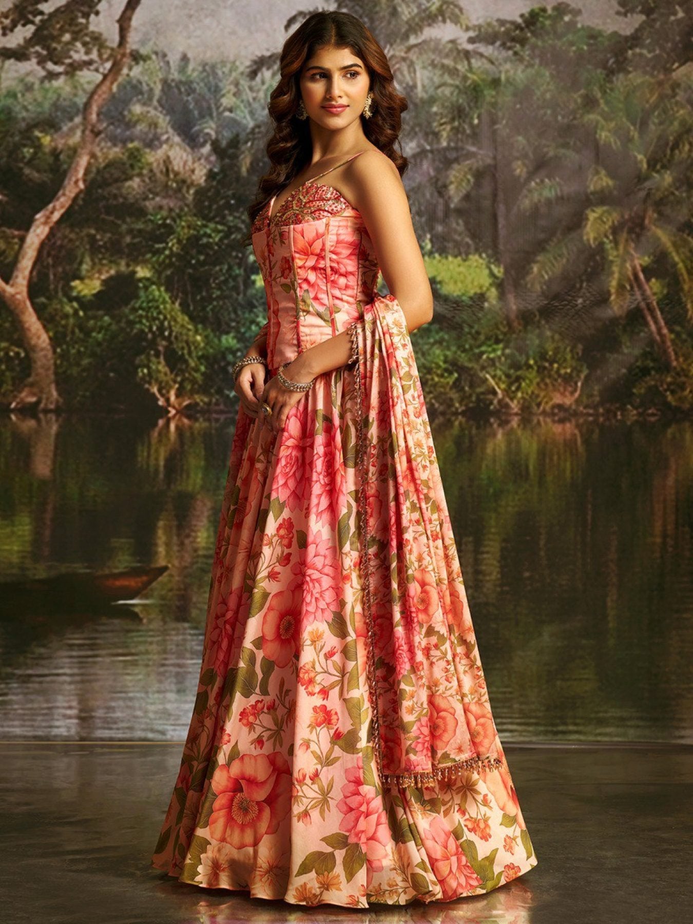 Pink Handwork Corset Lehenga Set fabric texture detail