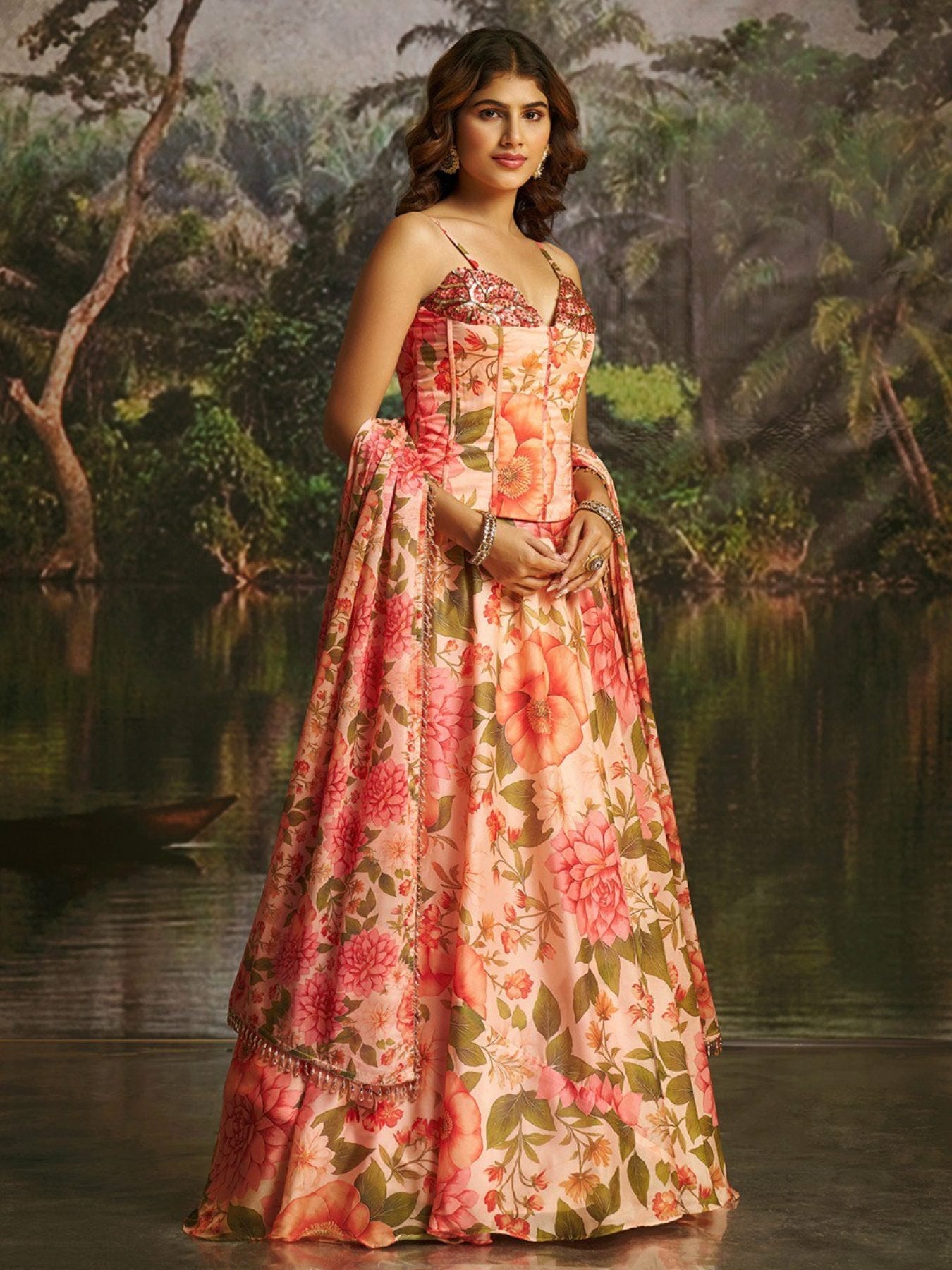 Pink Handwork Corset Lehenga Set back view