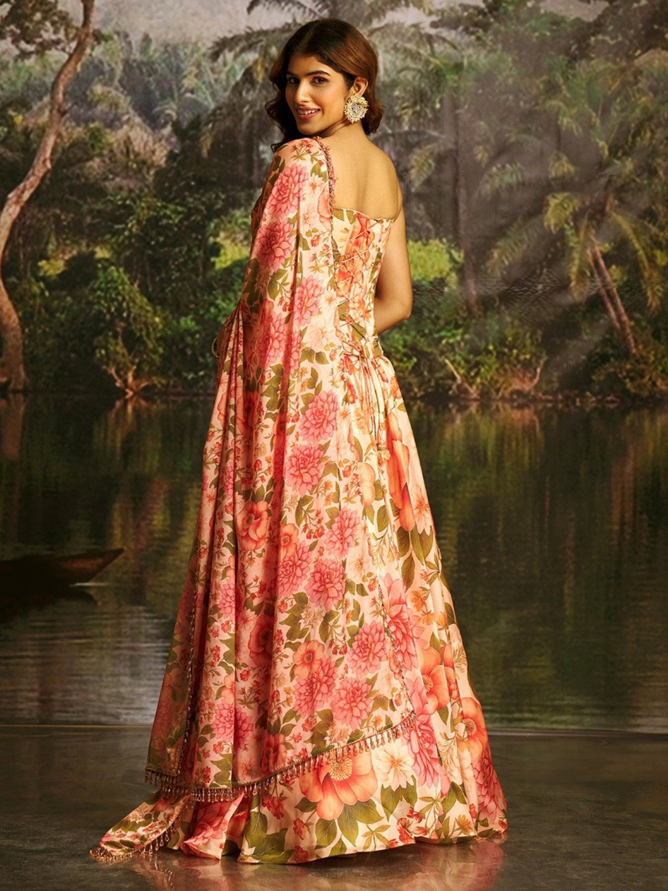 Pink Handwork Corset Lehenga Set styling view