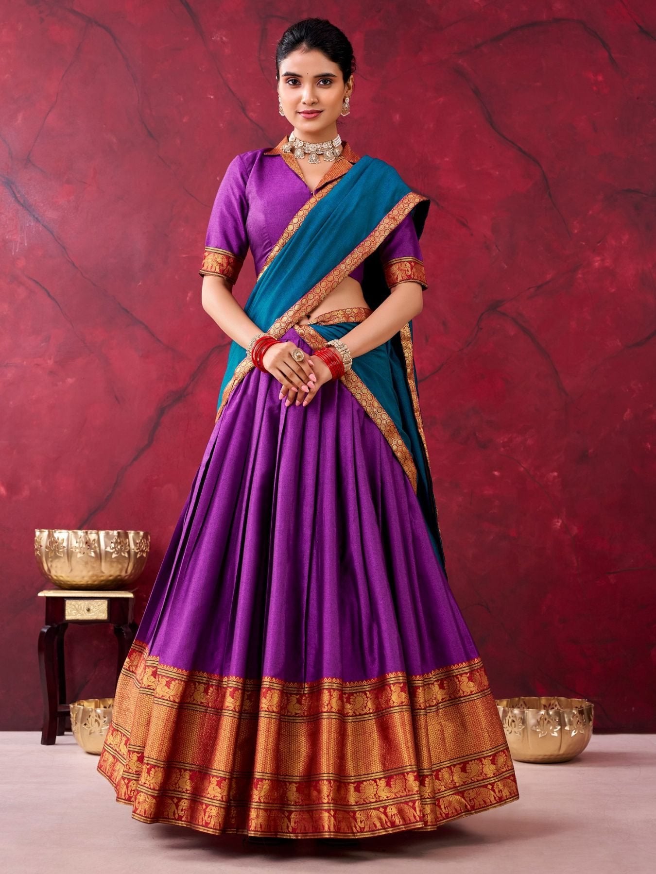 Purple And Teal Narayanpet Silk Lehenga Choli With Zari Weaving Work for women | Snyvia