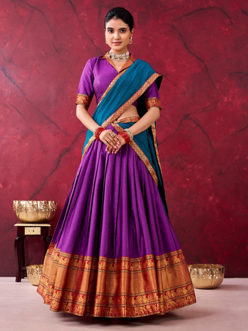 Purple And Teal Narayanpet Silk Lehenga Choli With Zari Weaving Work for women | Snyvia