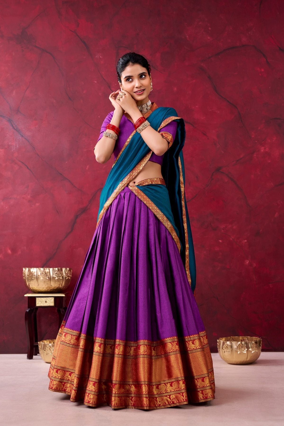 Brown And Teal Narayanpet Silk Lehenga Choli With Zari Weaving Work full drape view