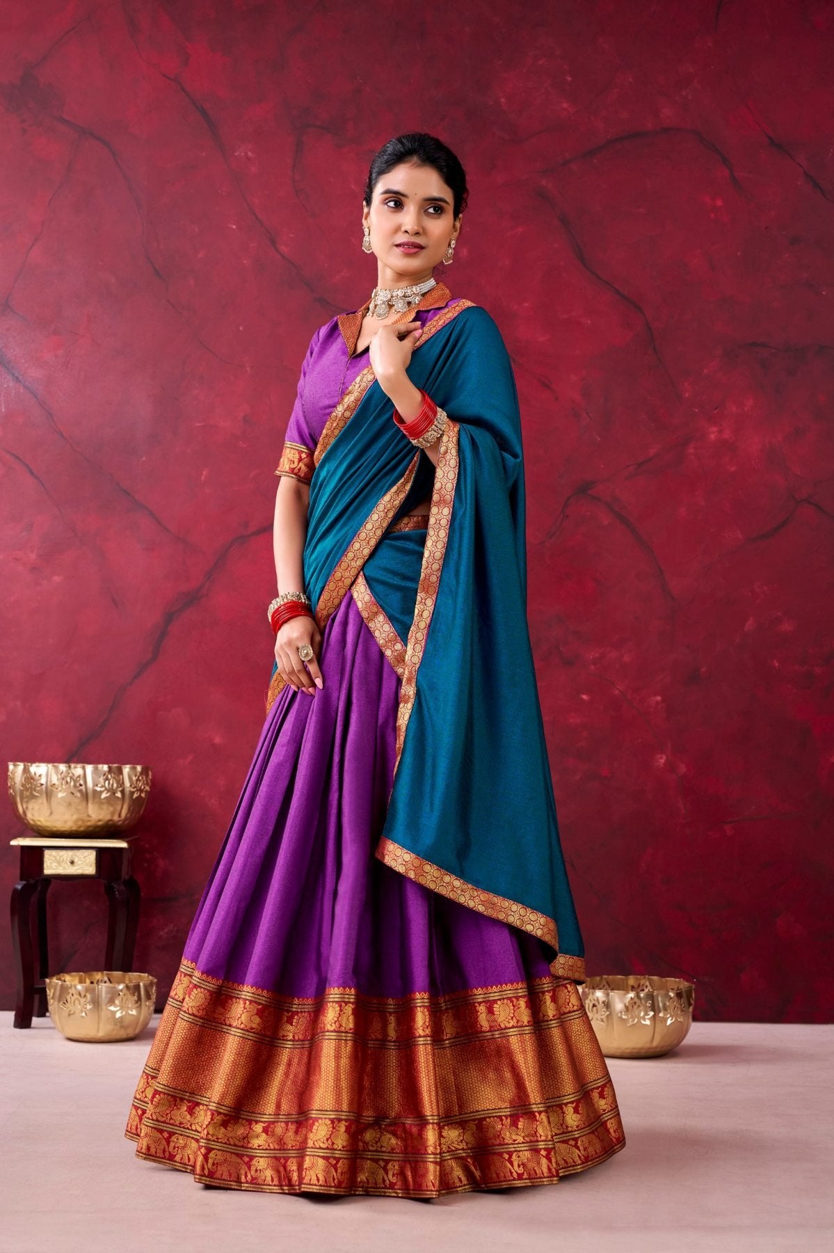 And Teal Narayanpet Silk Lehenga Choli With Zari Weaving Work embroidery close-up